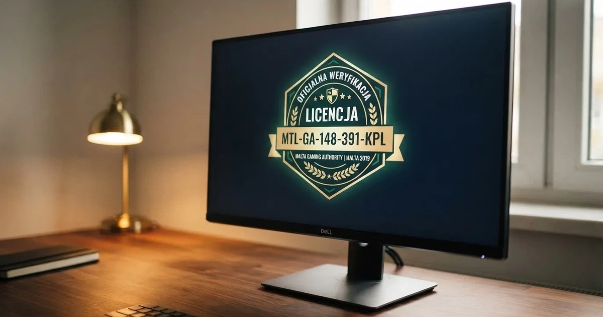 Zbliżenie na pieczęć weryfikacyjną licencji hazardowej wyświetloną na ekranie komputera