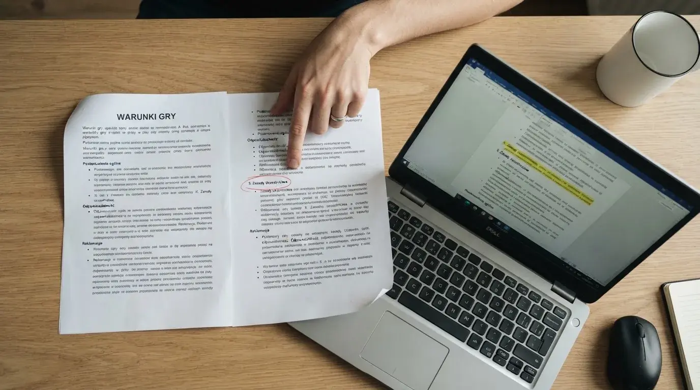 Dokument regulaminu operatora kasyna online rozłożony obok laptopa z otwartą stroną warunków gry