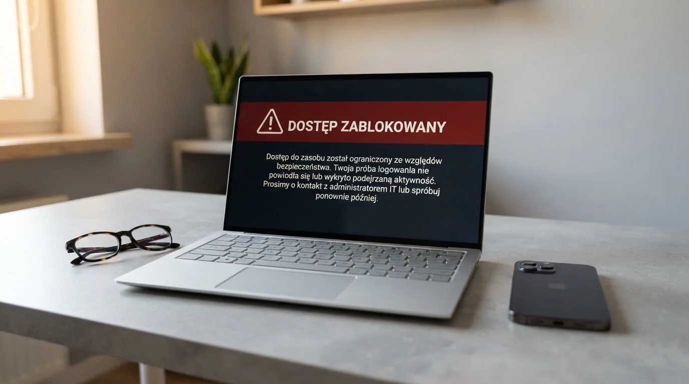 Ekran laptopa z komunikatem o zablokowanym dostępie do strony internetowej, na biurku obok telefon.